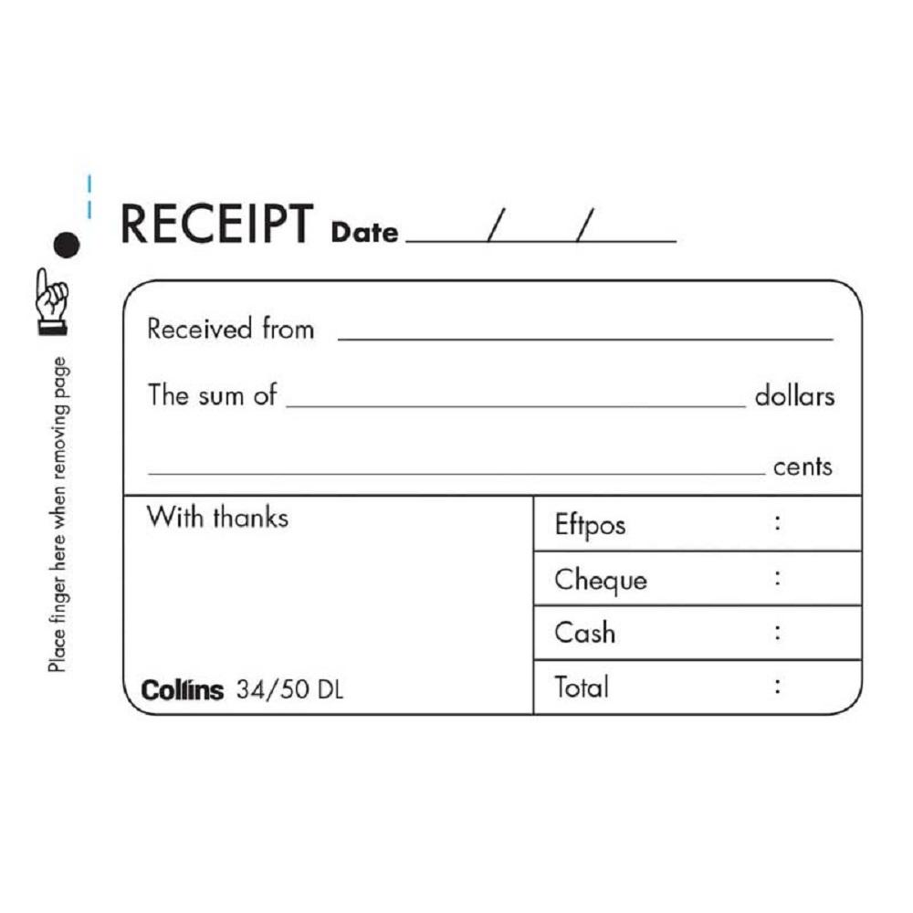 Collins Cash Receipt 34/50DL Duplicate Carbon Required