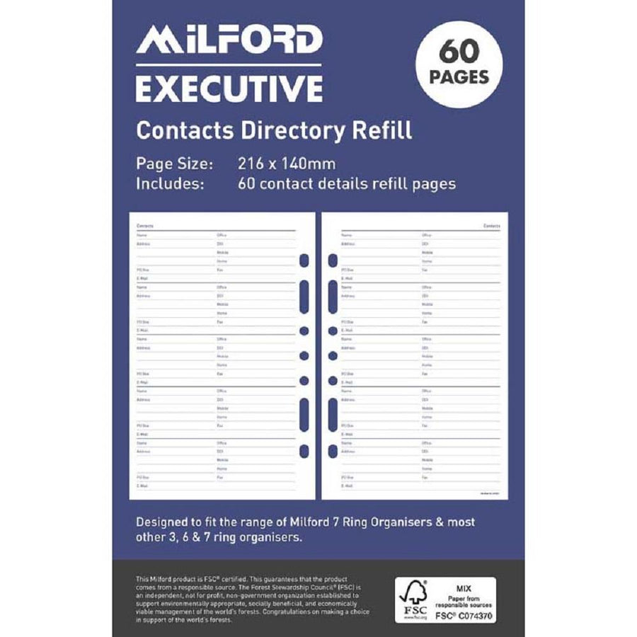 Milford FSC Mix 70% Executive Contacts Directory Refill 60 Pages