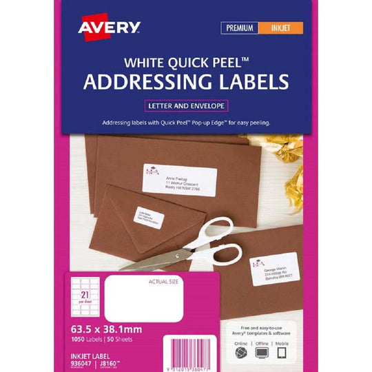 Avery Addressing Labels J8160 50 Sheets Inkjet