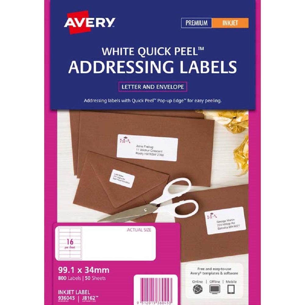 Avery Addressing Labels J8162 50 Sheets Inkjet
