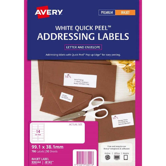 Avery Addressing Labels J8163 50 Sheets Inkjet