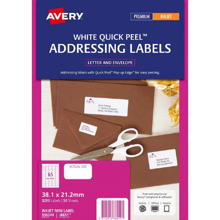 Avery Addressing Labels J8651 50 Sheets Inkjet