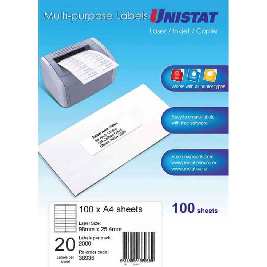 Unistat Multi-Purpose Labels 100 x A4 Sheets Laser/Inkjet/Copier