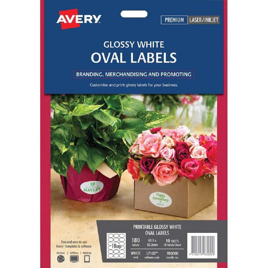 Avery Glossy White Oval Labels L7102 10 Sheets Laser/Inkjet