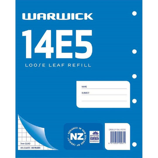 Warwick 14E5 Loose Leaf Refill 40 Leaves 7mm Quad 255x205mm