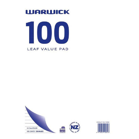Warwick 100 Leaf Values Pad A4 Ruled 7mm