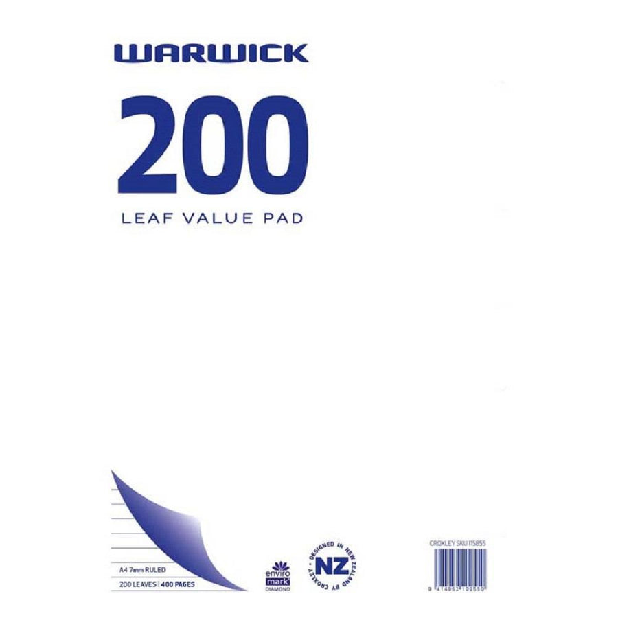 Warwick 200 Leaf Values Pad A4 Ruled 7mm