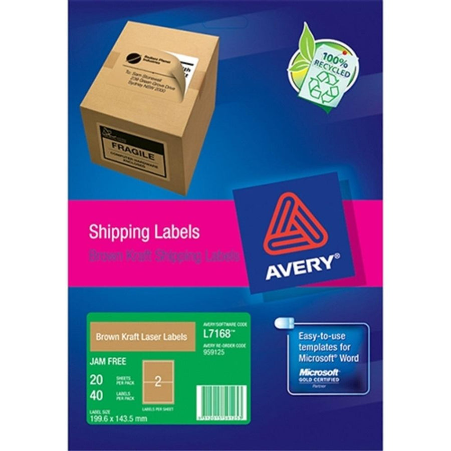 Avery Shipping Labels Brown Kraft 199.6x143.5mm 20 Sheets L7168