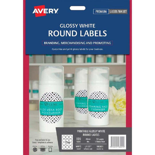Avery Glossy White Round Labels L7105 60mm 10 Sheets