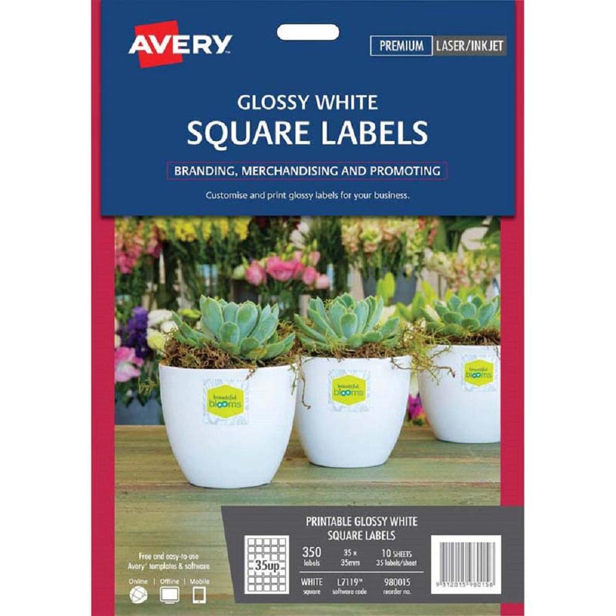 Avery Glossy White Square Labels L7119 10 Sheets