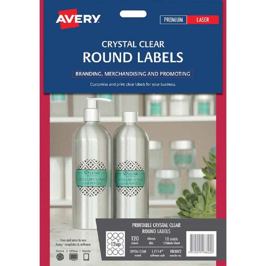 Avery Crystal Clear Round Labels L7114 60mm 10 Sheets