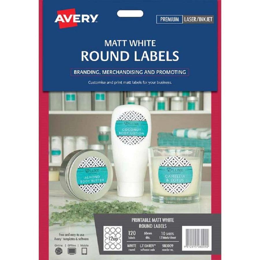 Avery Matt White Round Labels L7104REV 60mm 10 Sheets