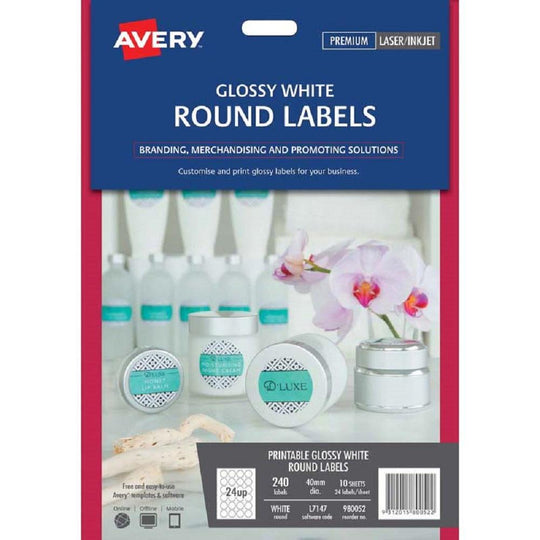 Avery Glossy White Round Labels L7147 40mm 10 Sheets