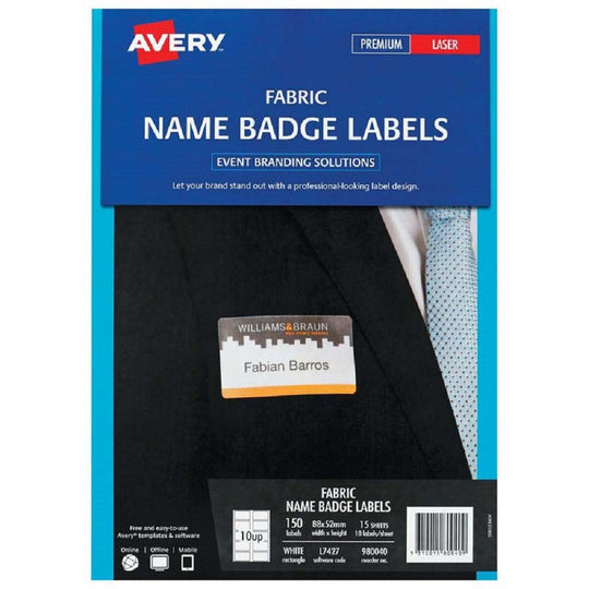 Avery Fabric Name Badge Labels L7427 88x52mm 15 Sheets
