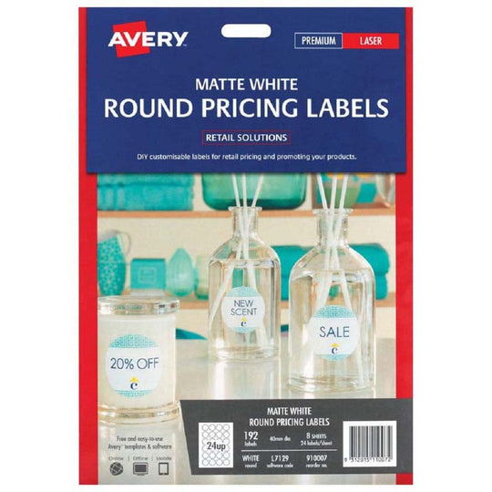 Avery Matt White Round Pricing Labels L7129 40mm 8 Sheets