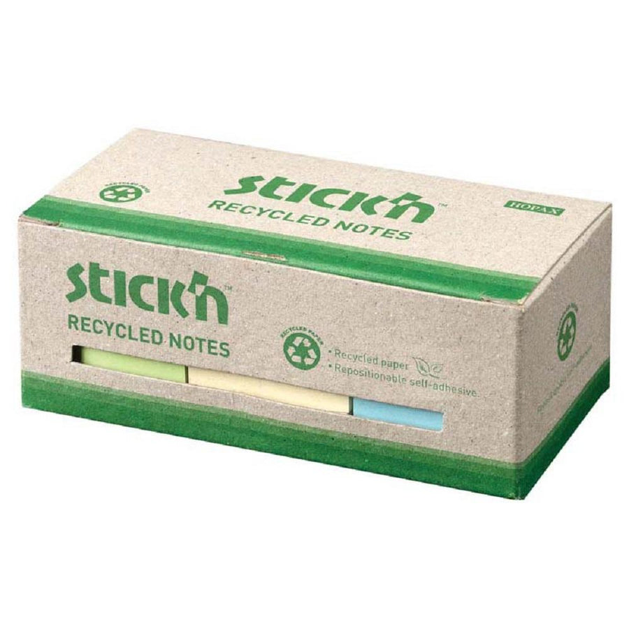 Stick'n Recycled Notes 38x50mm 100 Sheets Assorted Box of 12
