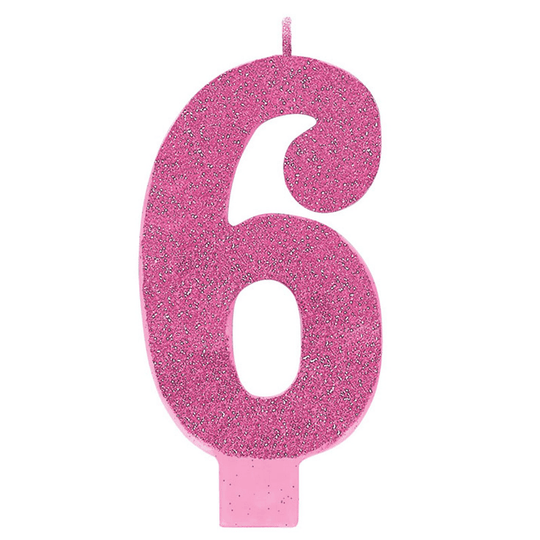 Large Numeral Glitter Candle - #6 Pink
