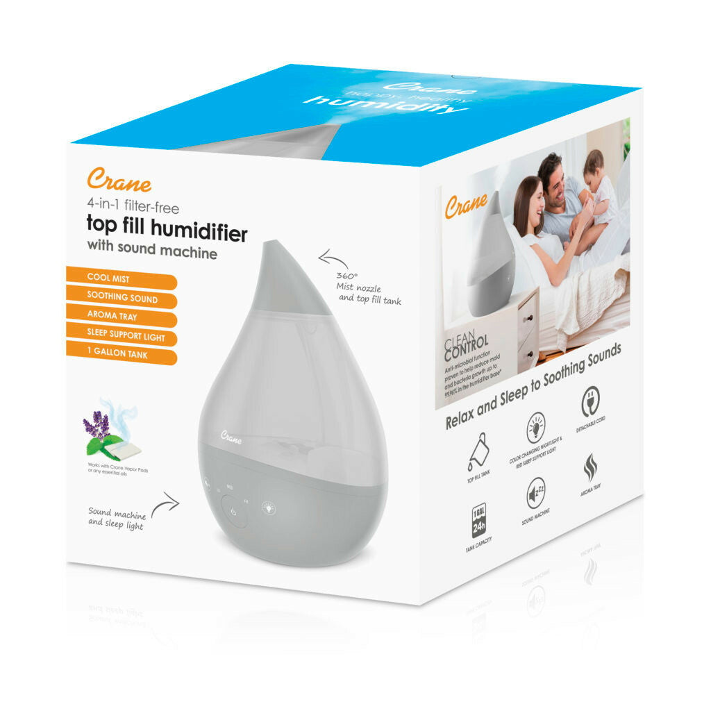 Crane 4in1 Top Fill Drop Humidifier with Sound Machine - Grey