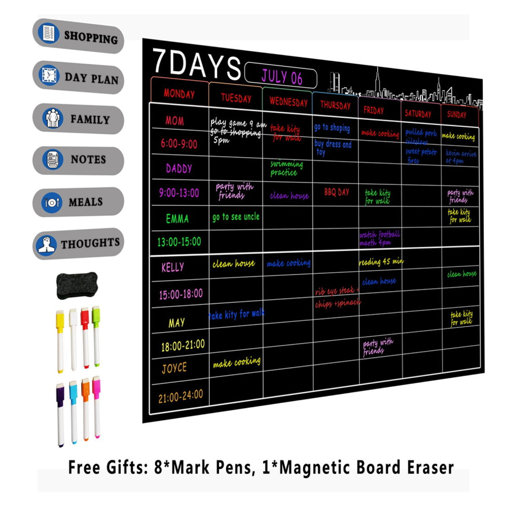 Magnetic Dry Erase 7 Days Board for Fridge - Black