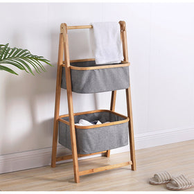 Natural Bamboo 2-Tier Laundry Basket Rack