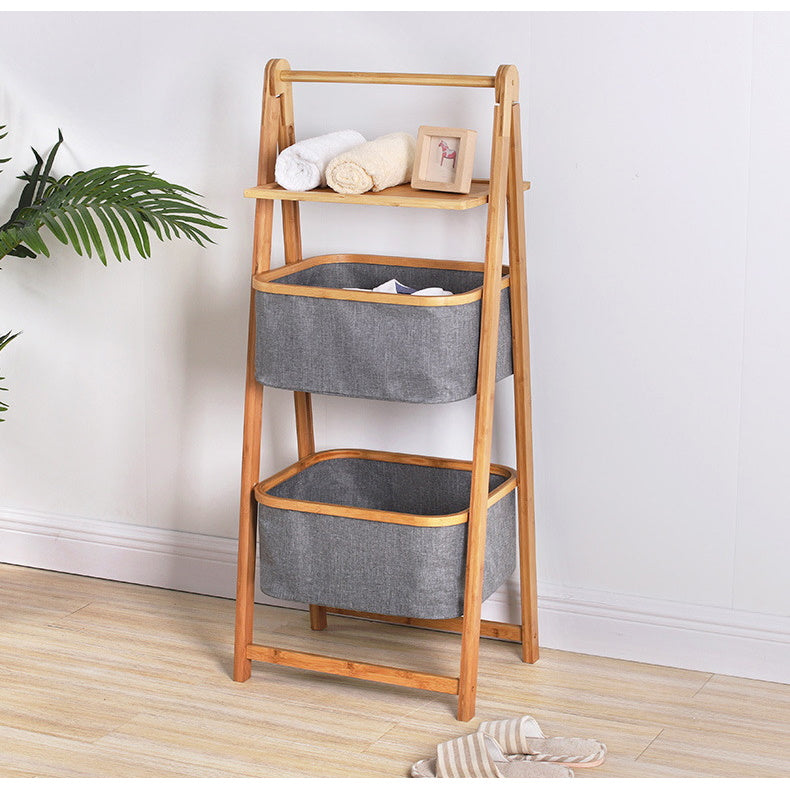 Natural Bamboo 2-Tier Laundry Basket Rack with Shelf