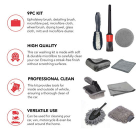 9-piece Car Cleaning Brush Microfiber Cloth Pad Kit
