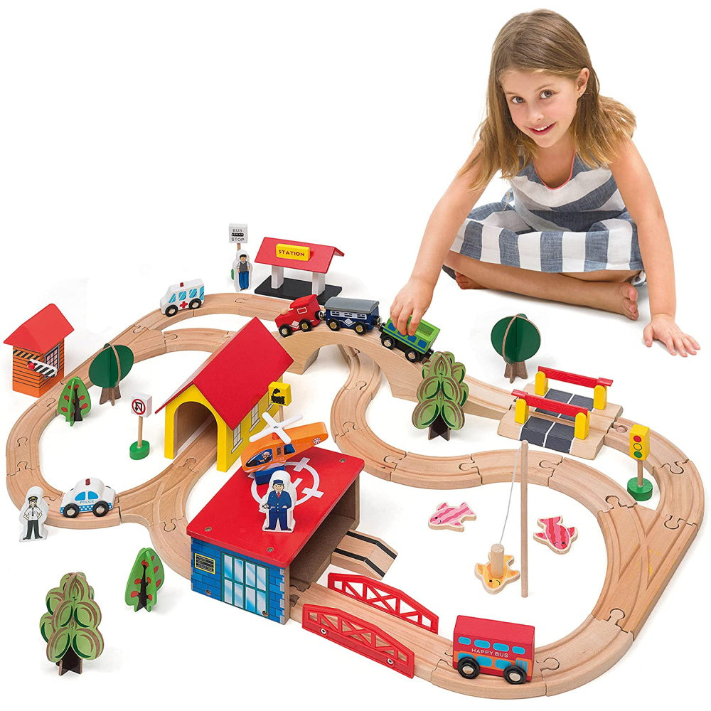 Wooden Train Tracks & Trains Construction Toys - 69 pcs.