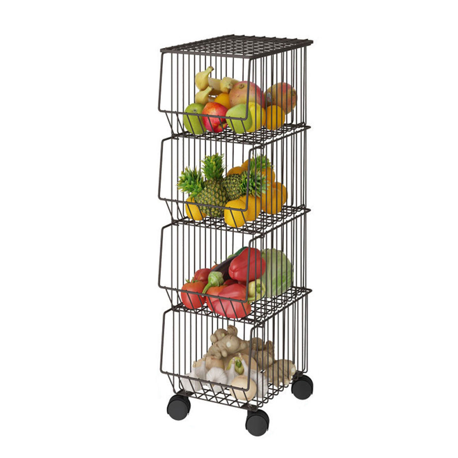 4 Tier Kitchen Rolling Cart Fruit/Vegetable Basket Stand - Brown