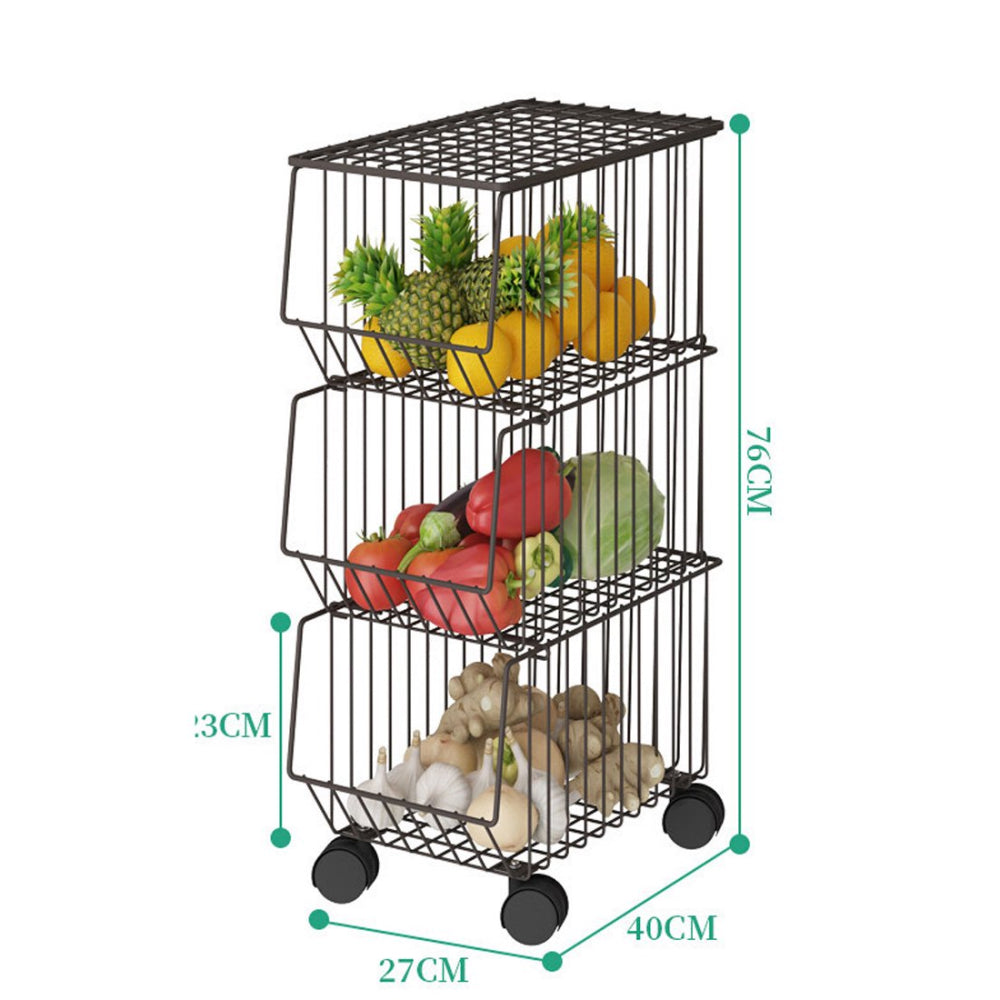 3 Tier Kitchen Rolling Cart Fruit/Vegetable Basket Stand - Brown