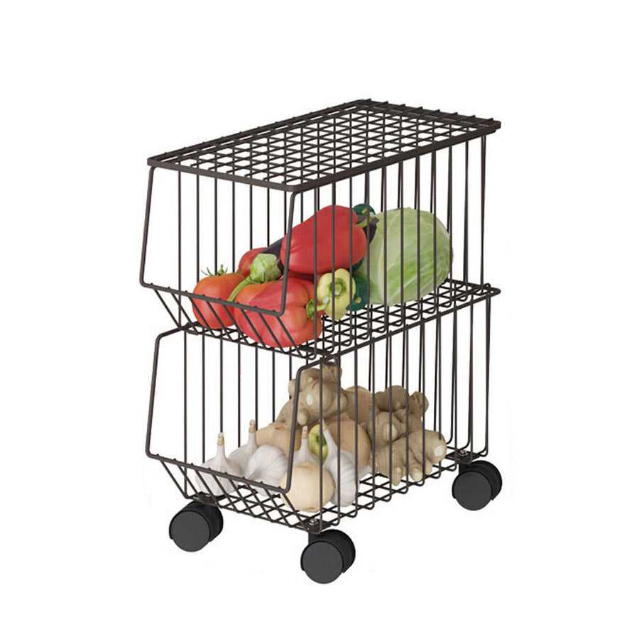 2 Tier Kitchen Rolling Cart Fruit/Vegetable Basket Stand - Brown