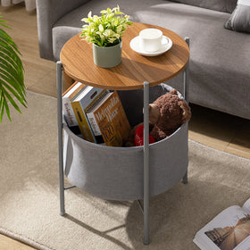Round End Side Table with Fabric Storage Basket