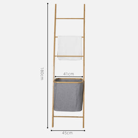 Bamboo Wall Leaning Ladder Laundry Basket Shelf 180cm