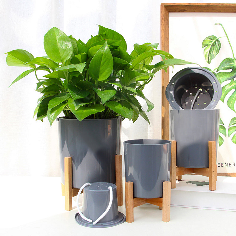 Modern Gray Plastic Plant Pot Stand with Wood Rack
