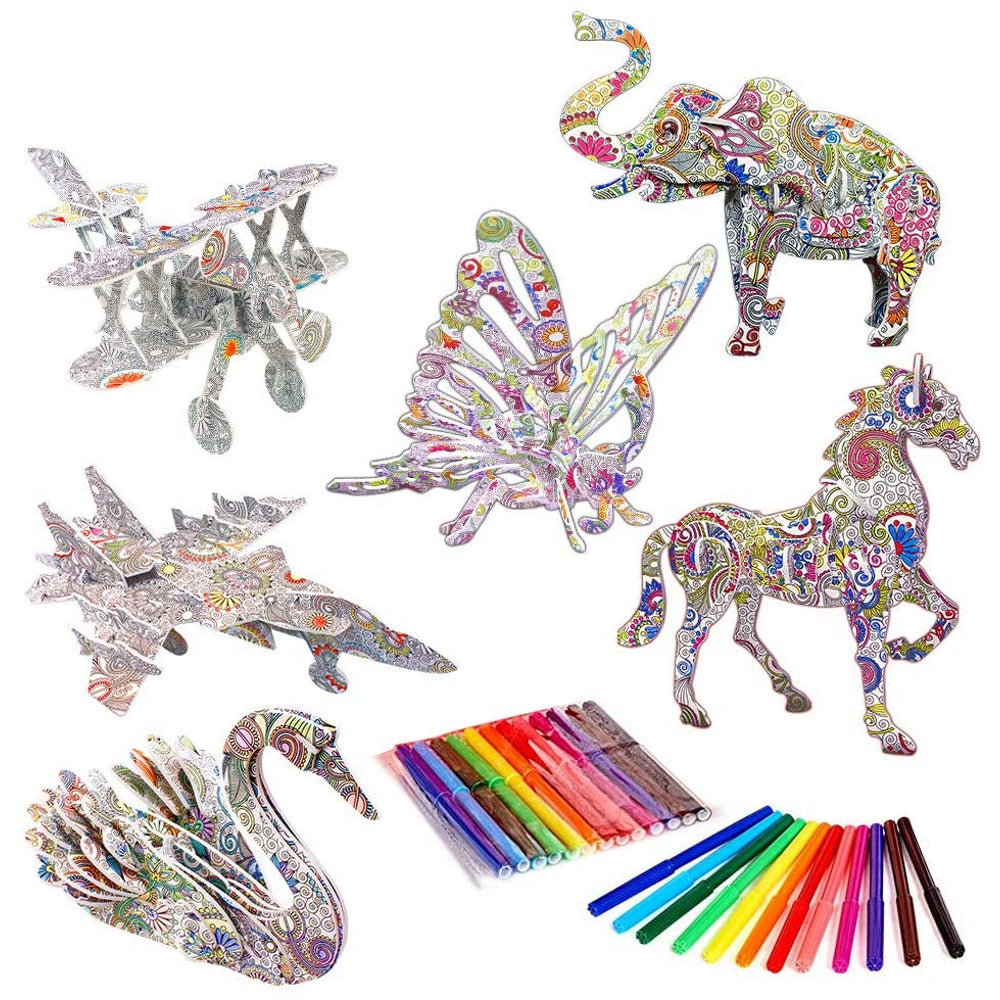 6pk 3D Coloring Puzzle Set with 24 Pen Markers - Type B