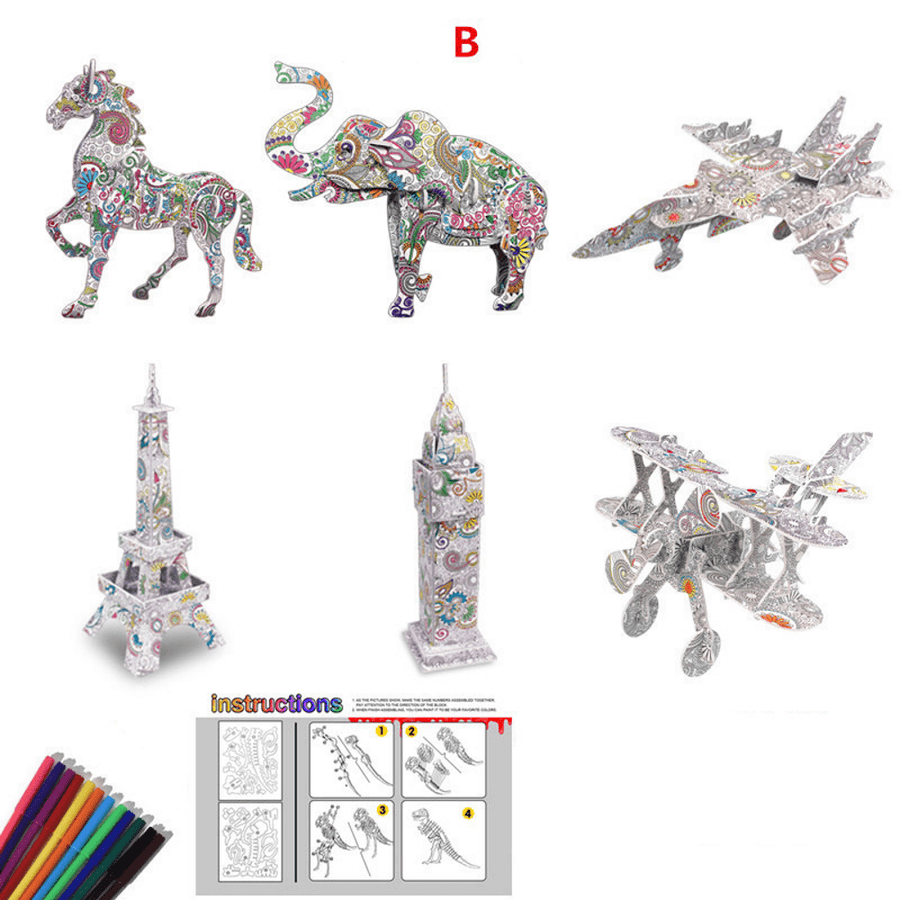 6pk 3D Coloring Puzzle Set with 24 Pen Markers - Type B