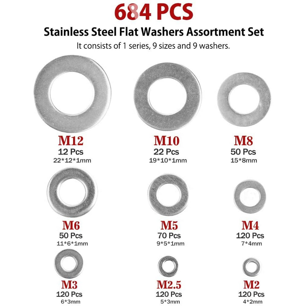 304 Stainless Steel Flat Washers Assortment Hardware Set - 684 pcs.
