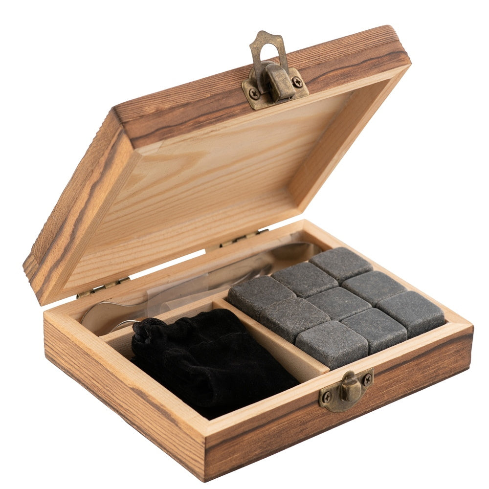 9 Granite Whisky Stones Wooden Case Set