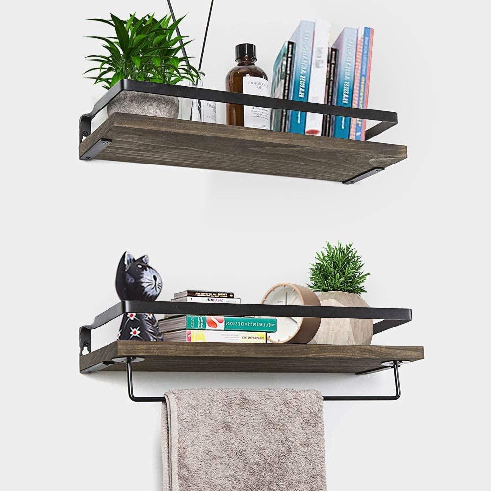 2 Tier Rustic Floating Wall Shelves with Rails