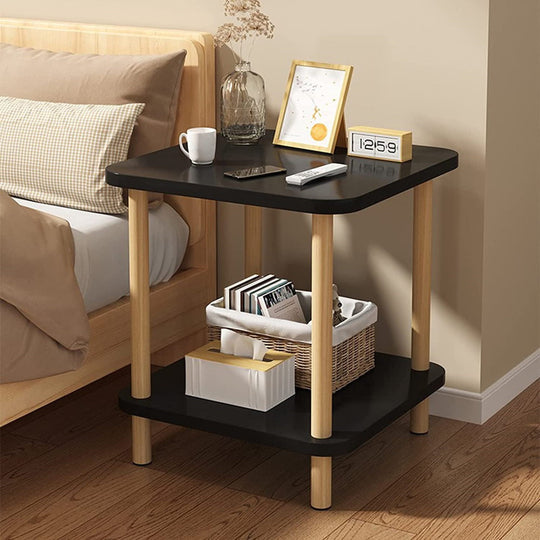 2 Tier Tall Square Wooden Side Table - Black