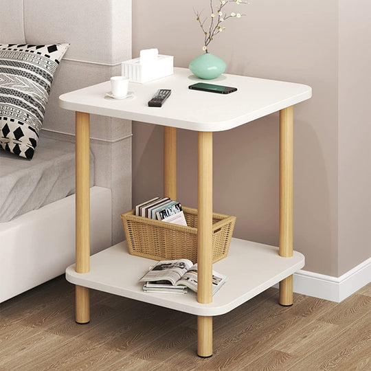 2 Tier Tall Square Wooden Side Table - White