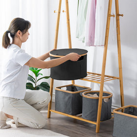 Bamboo-Framed Large Laundry Hamper with Lid Cylinder - Black