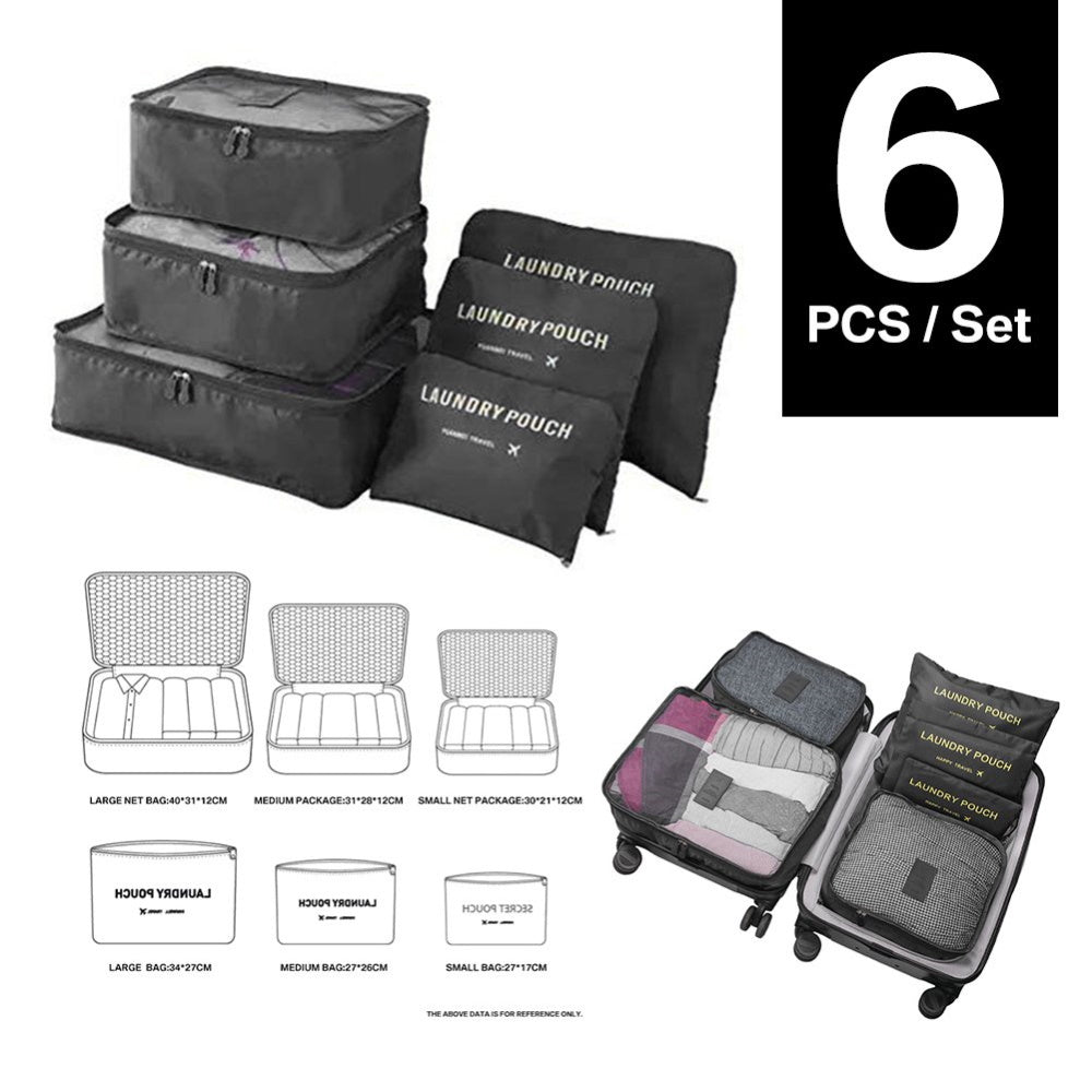 6pc Packing Cubes for Travel Luggage Organiser Bag - Black