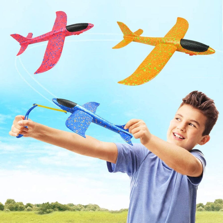 3pk 48cm Throwing Foam Airplanes with Slingshot Launch