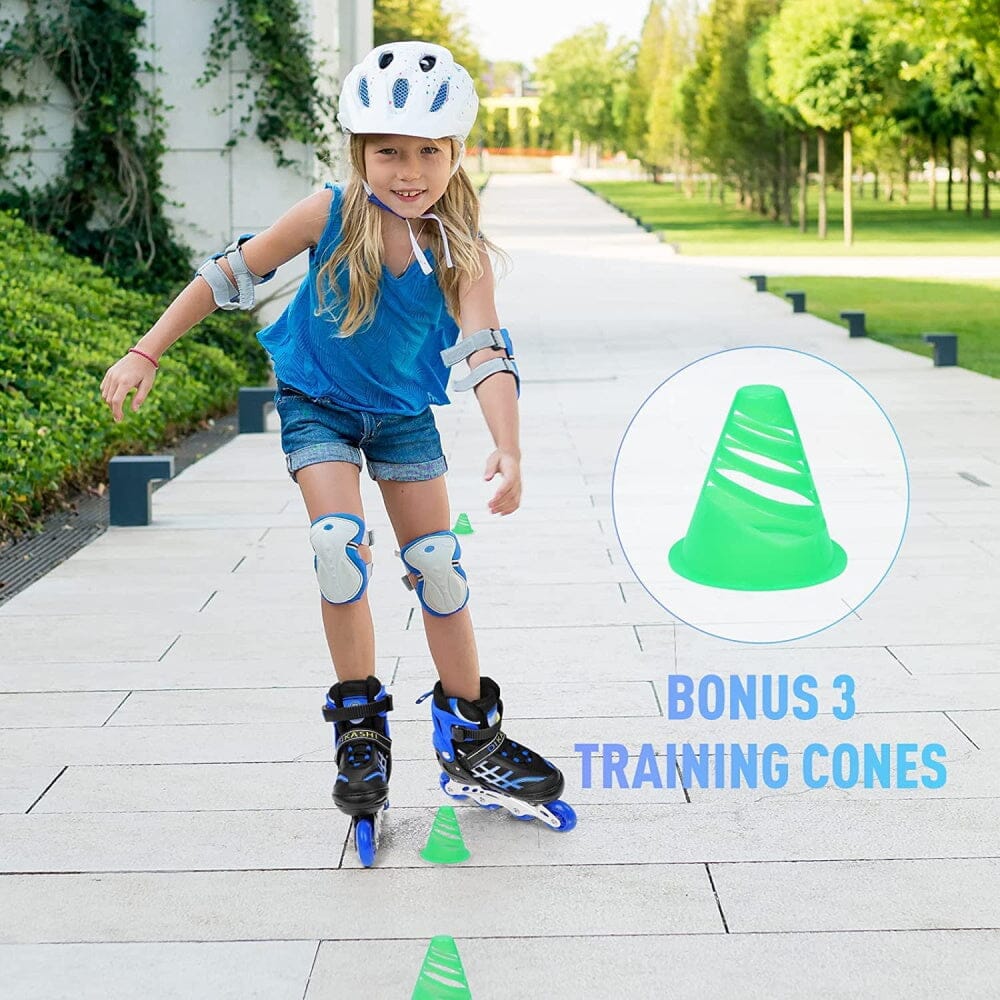 Kids Adjustable Inline Skates with Light Up Wheels - Blue (Size 27-32)