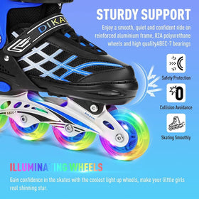 Kids Adjustable Inline Skates with Light Up Wheels - Blue (Size 27-32)