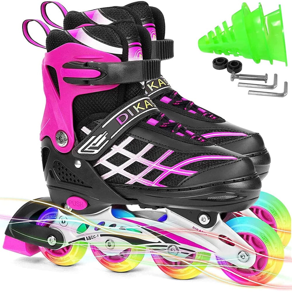 Kids Adjustable Inline Skates with Light Up Wheels - Pink (Size 27-32)