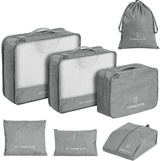 Travel Storage Luggage Organizer Pouch Set of 7 - Gray