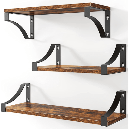 Set of 3 Rustic Wood Floating Shelves Wall Mounted - Dark Brown