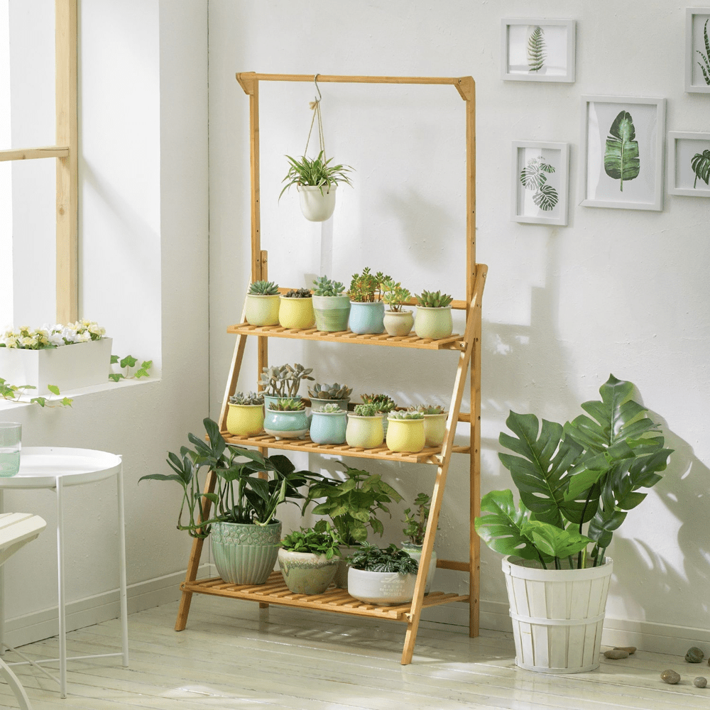 3-Layer Wood Plant Shelves with Hanging Rod