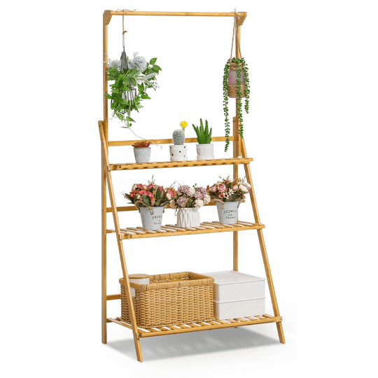 3-Layer Wood Plant Shelves with Hanging Rod